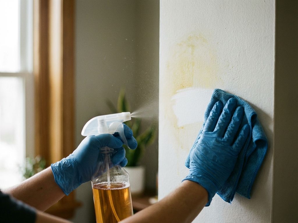 Gehandschoende hand met azijnspray naast microvezeldoek die nicotinevlek van witte muur verwijdert in daglicht