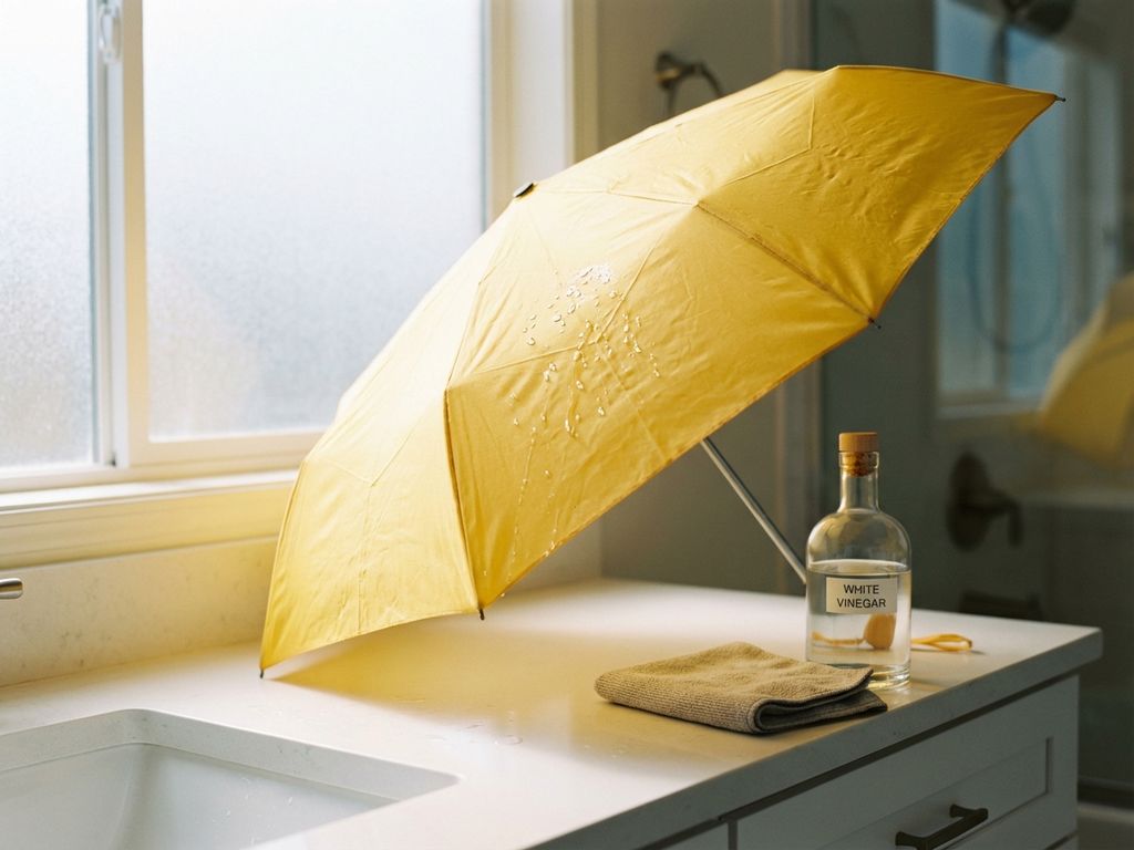 Open paraplu met reinigingsdruppels op het doek, witte azijnfles en zachte doek op een badkamertafel in daglicht