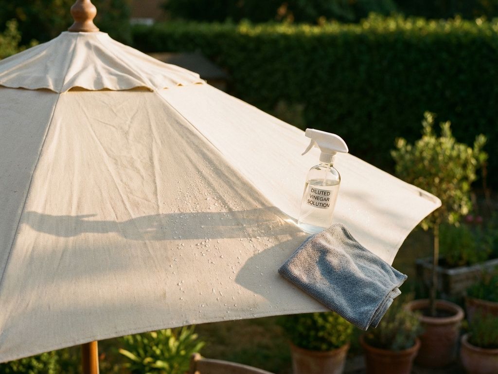 Glazen spuitfles met azijnoplossing op crèmekleurige parasol met waterdruppels en microvezeldoek in zonnige tuin