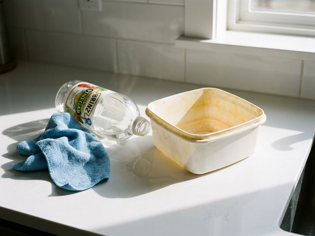 Witte plastic voedselcontainer met gele vlekken naast fles azijn en microvezeldoek op aanrecht in daglicht