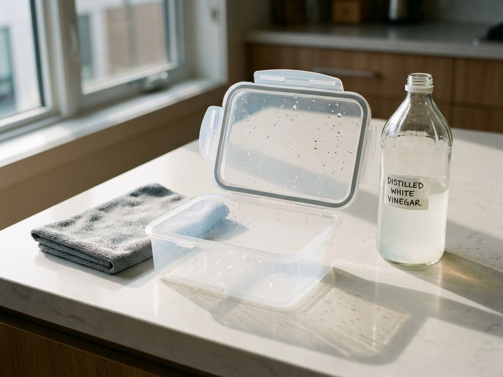 Open plastic lunchbox met witte azijn en microvezeldoek op keukenaanrecht in ochtendzonlicht