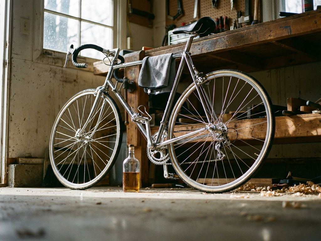 Glanzende racefiets tegen houten werkbank met azijnfles en microvezeldoek, waterdruppels op chromen spaken in daglicht