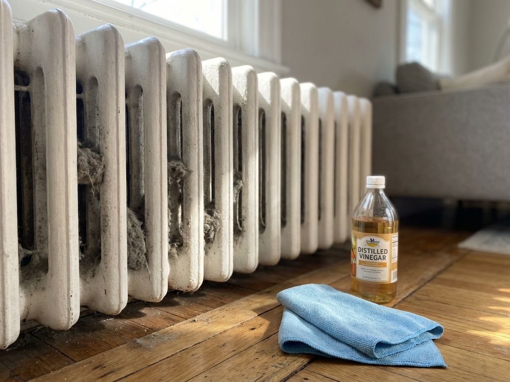 Witte radiator met stof tussen de lamellen, azijnfles en microvezeldoek op houten vloer in natuurlijk daglicht