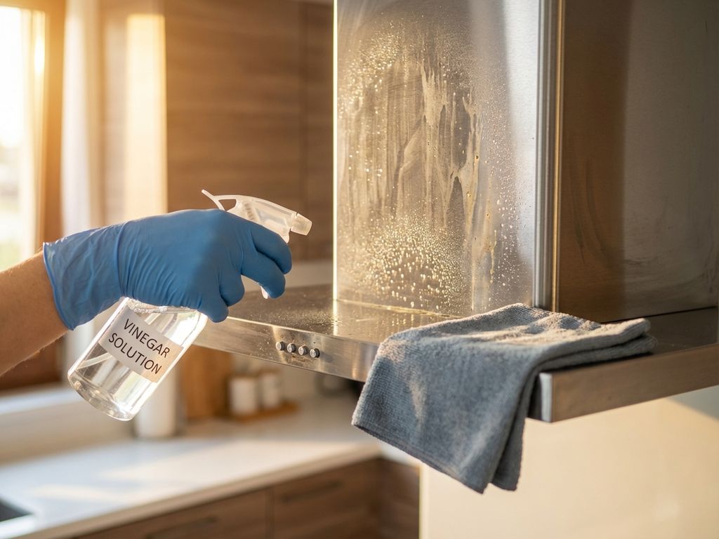 Gehandschoende hand sprayt azijnoplossing op roestvrijstalen afzuigkap met vetvlekken, microvezeldoek klaar in moderne keuken