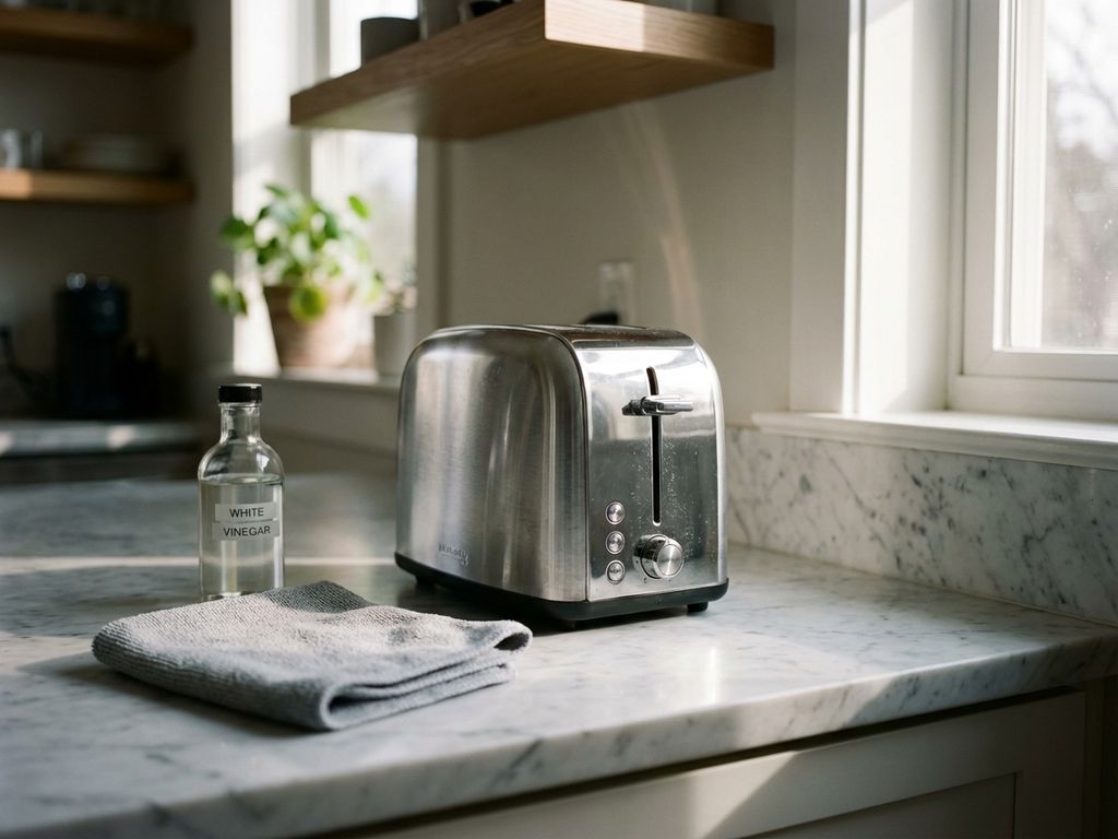 Roestvrijstalen broodrooster op wit marmeren aanrecht met azijnfles en microvezeldoek in ochtendlicht