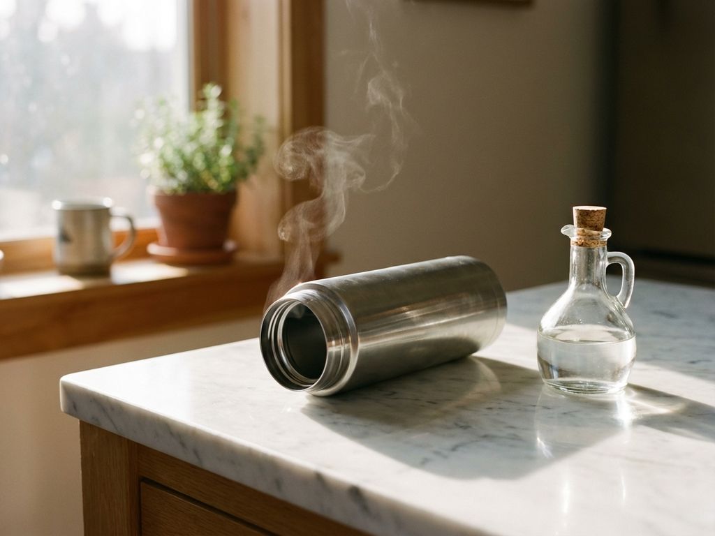 Roestvrijstalen thermoskan op zijn kant op wit marmeren aanrecht, glazen flesje azijn ernaast, stoom uit opening