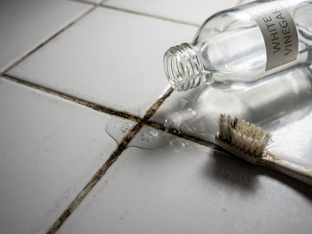 Witte badkamertegels met schimmel in voegen, fles azijn die vloeistof giet en oude tandenborstel klaar om te schrobben