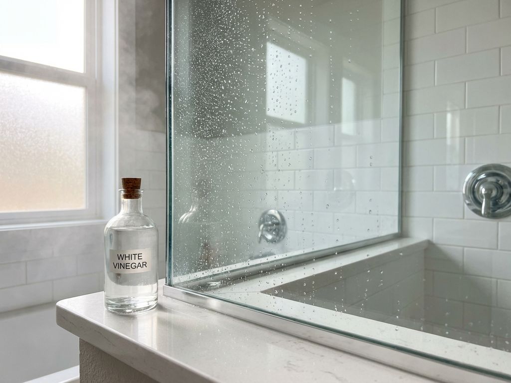 Kristalheldere glazen douchedeur met waterdruppels en fles witte azijn op moderne richel in lichte badkamer