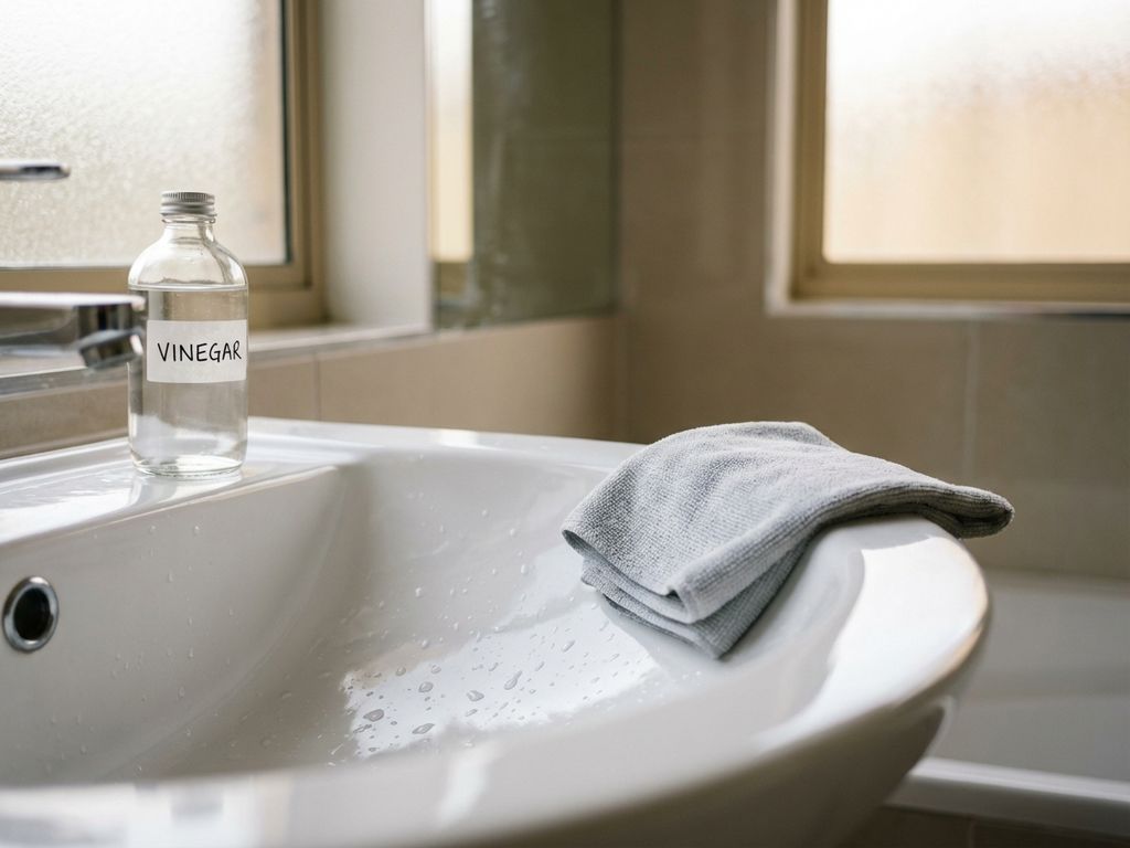 Witte keramische wastafel met azijnfles en microvezeldoek, glanzend in natuurlijk ochtendlicht