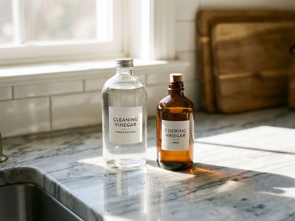 Glazen fles schoonmaakazijn en amber fles kookazijn op marmeren aanrecht in moderne keuken met natuurlijk licht