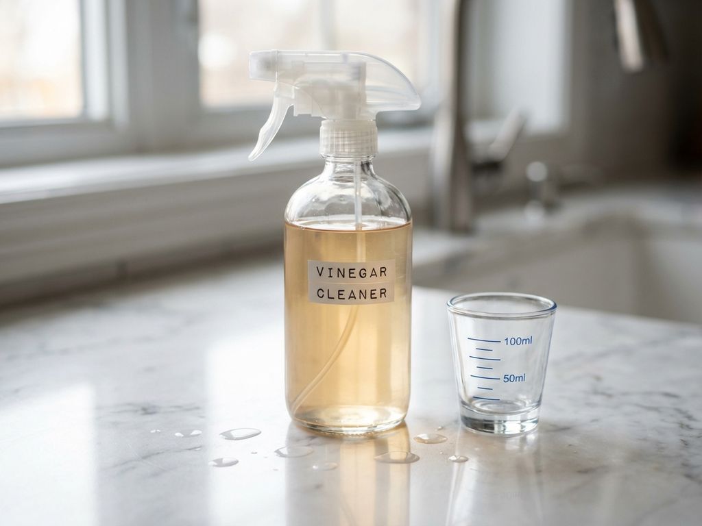 Glazen sprayflacon met azijnoplossing en maatbeker op witte marmeren aanrecht in keuken met natuurlijk licht
