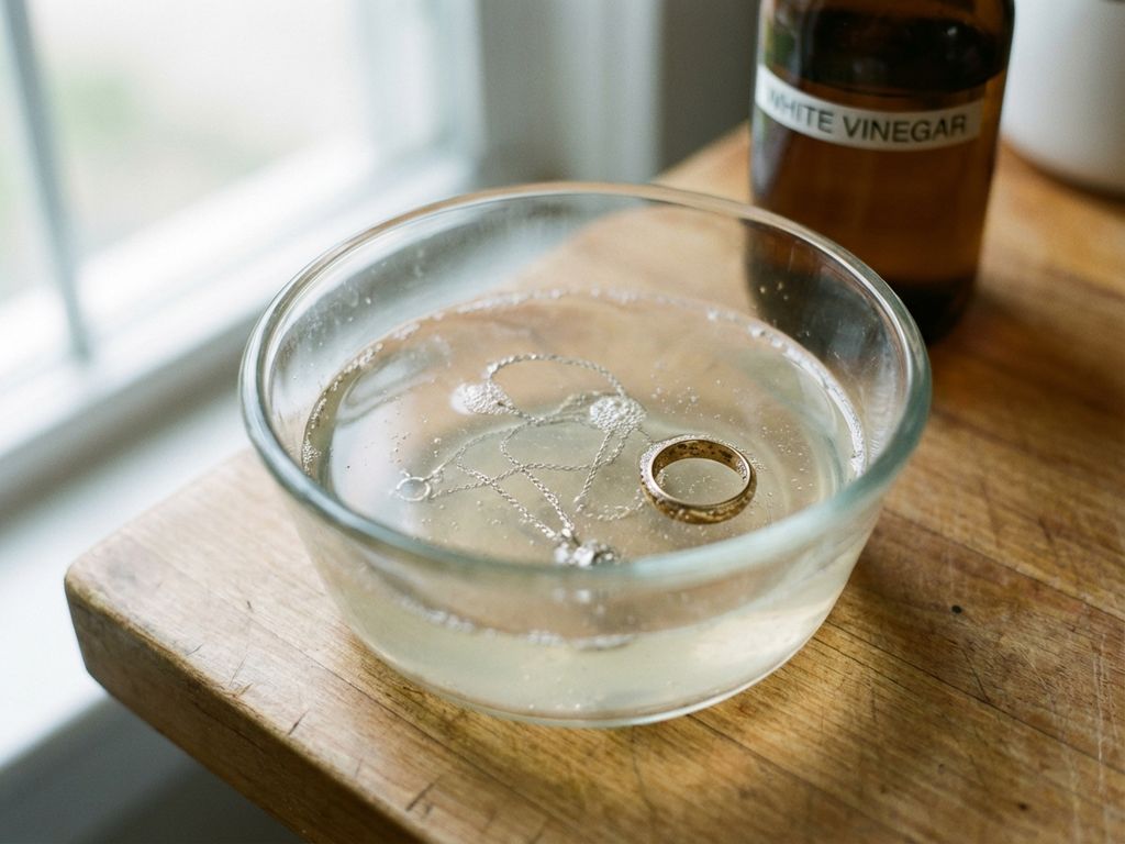Zilveren ketting en gouden ring in glazen kom met azijnoplossing, bubbels op het sieraad, natuurlijk licht