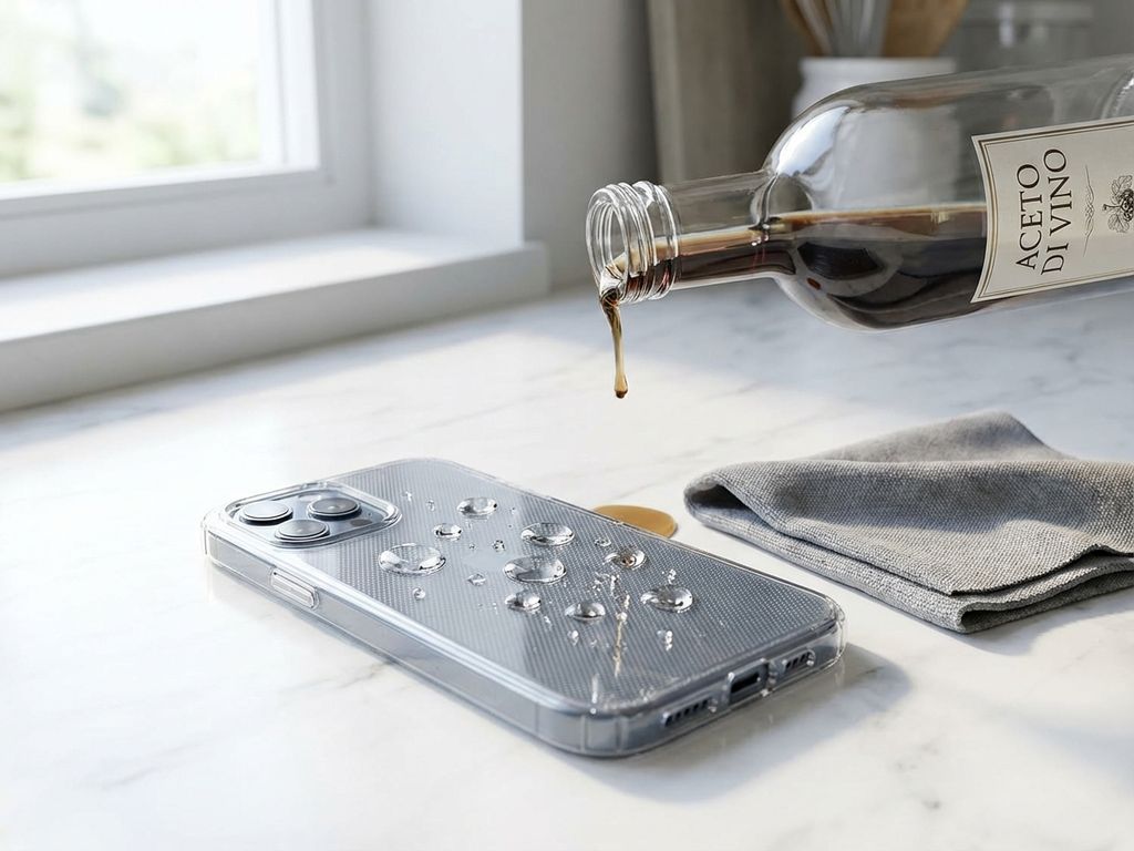 Siliconen telefoonhoesje met druppels azijn op wit marmeren aanrecht, naast glazen azijnfles en microvezeldoek