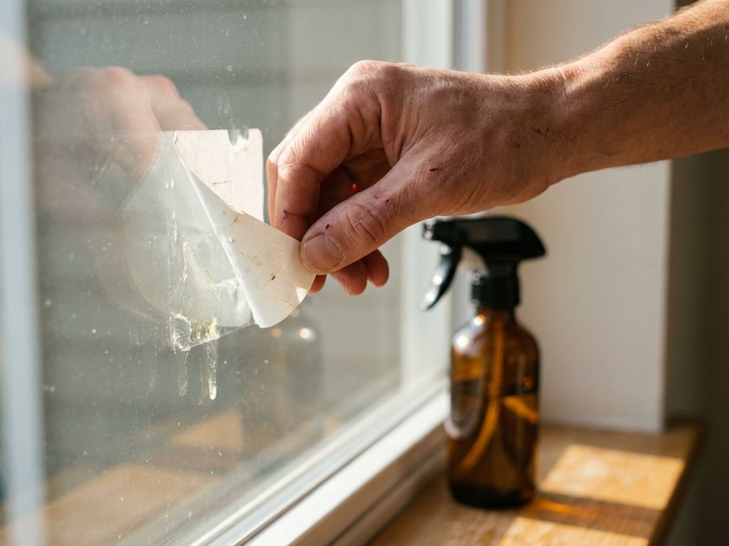 Hand pelt voorzichtig een witte sticker van een glazen raam, azijnfles op vensterbank, ochtendzonlicht en kleefresidu zichtbaar