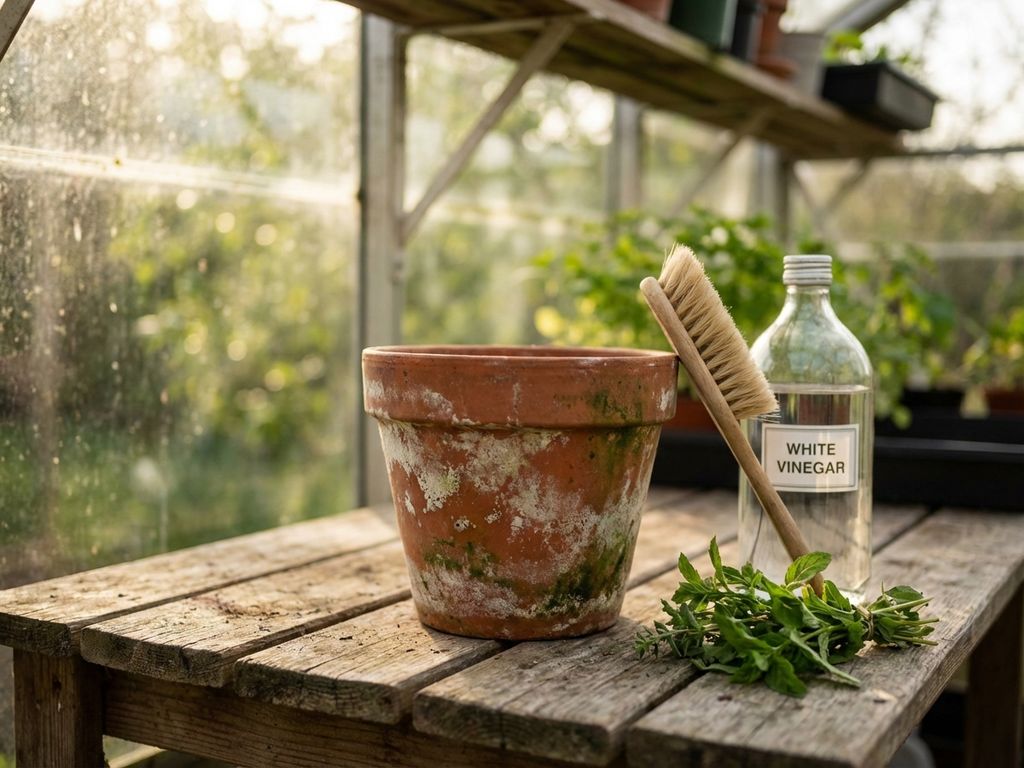 Verweerde terracotta plantenpot met witte kalkafzetting naast fles witte azijn en borstel op houten tuintafel in kas