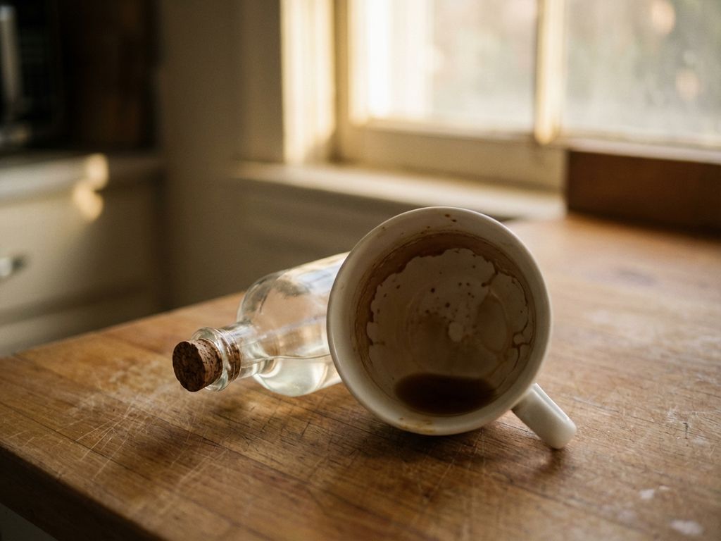 Witte keramische theekop met bruine vlekken naast flesje azijn op houten aanrecht in warm daglicht