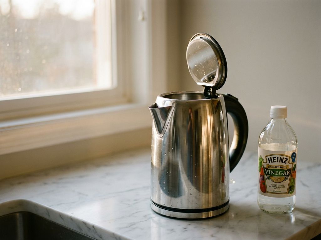 Roestvrijstalen waterkoker met open deksel en schoon interieur naast fles schoonmaakazijn op marmeren aanrecht