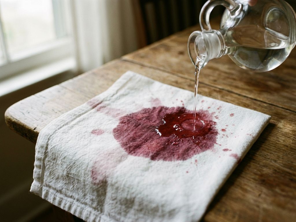 Witte katoenen servet met rode wijnvlek waarop azijn wordt gegoten, op een houten keukentafel in natuurlijk licht