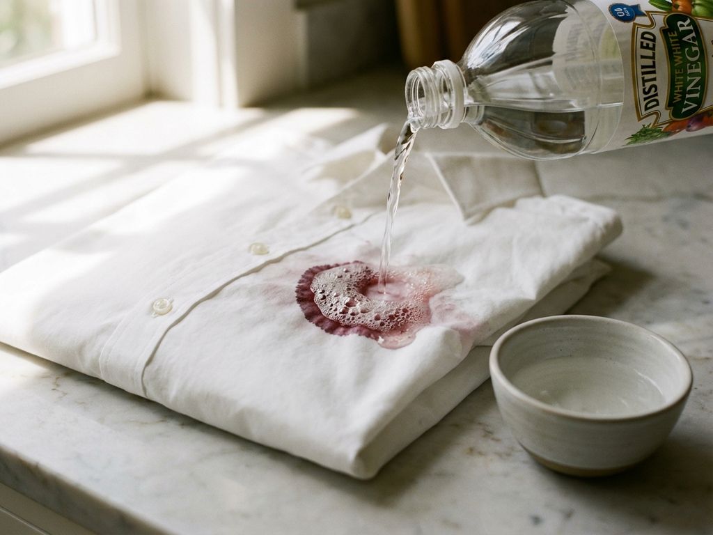 Wit katoenen overhemd met rode wijnvlek wordt behandeld met azijn uit glazen fles op marmeren aanrecht