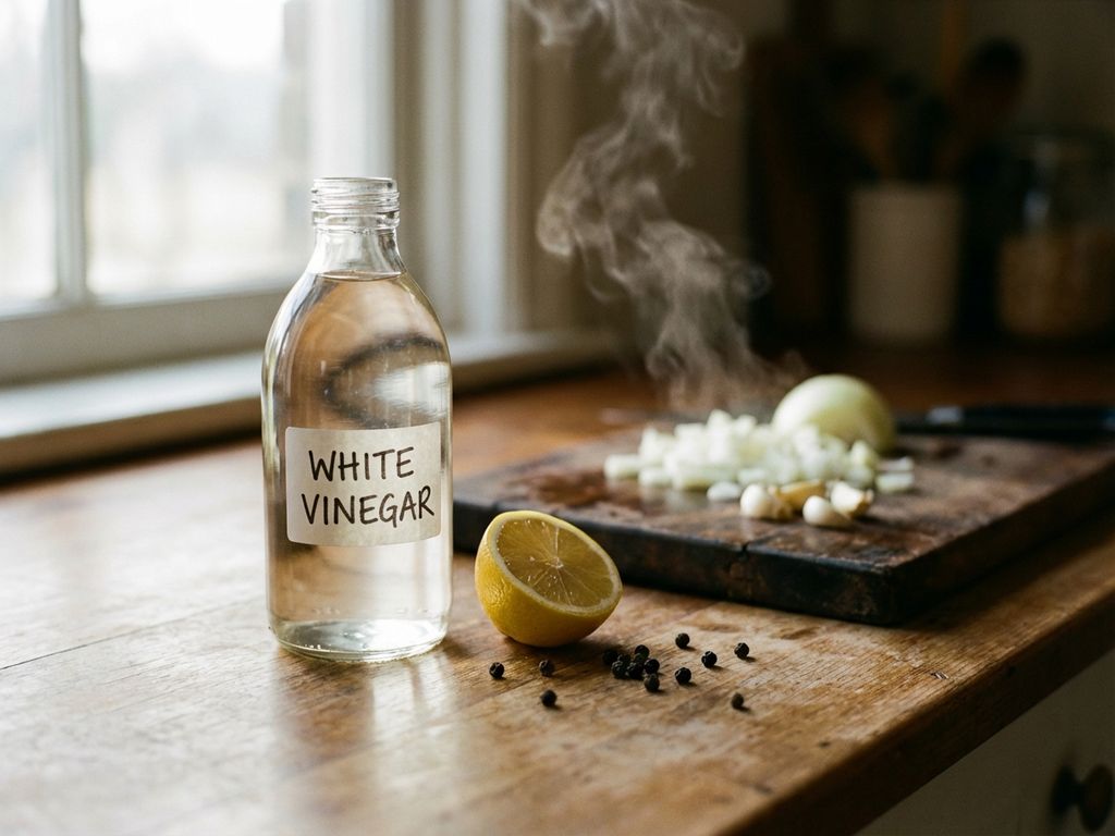 Glazen fles witte azijn op aanrecht met halve citroen en peperkorrels, verlicht door natuurlijk raamlicht