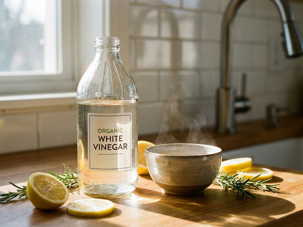 Glazen fles witte azijn op aanrecht met citroen en rozemarijn in warm ochtendlicht