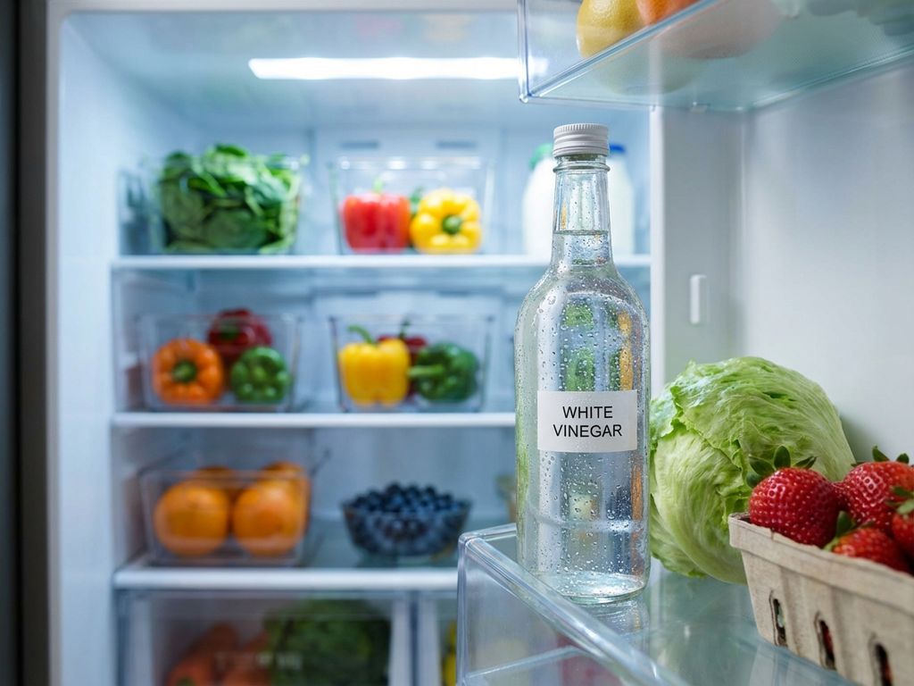 Glazen fles witte azijn met condensdruppels in open koelkast, verse groenten en fruit op planken op de achtergrond