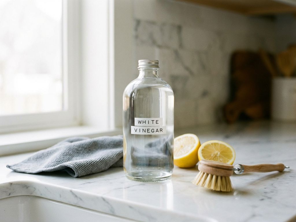 Witte azijnfles op marmeren aanrecht met schoonmaakmiddelen zoals citroenen en microvezeldoek in natuurlijk licht