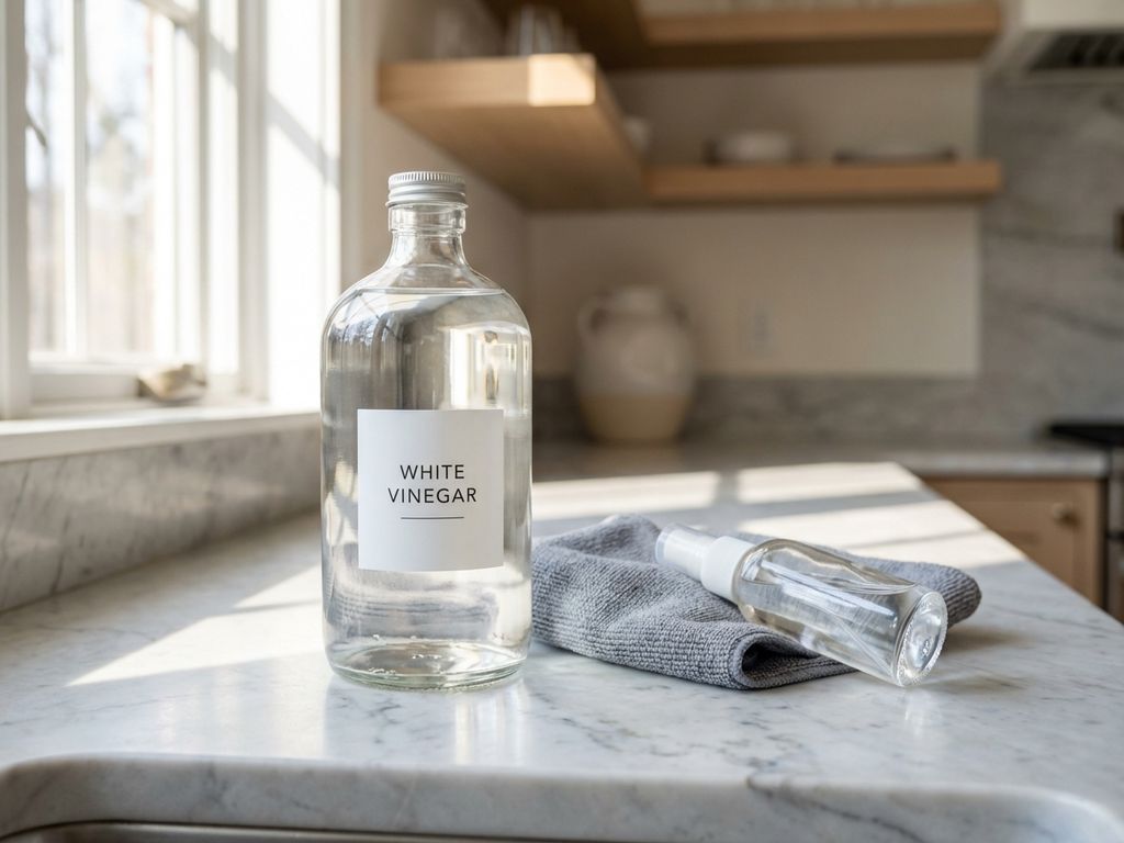 Glazen fles witte azijn op marmeren aanrecht met schoonmaakmiddelen en microvezeldoek in natuurlijk licht