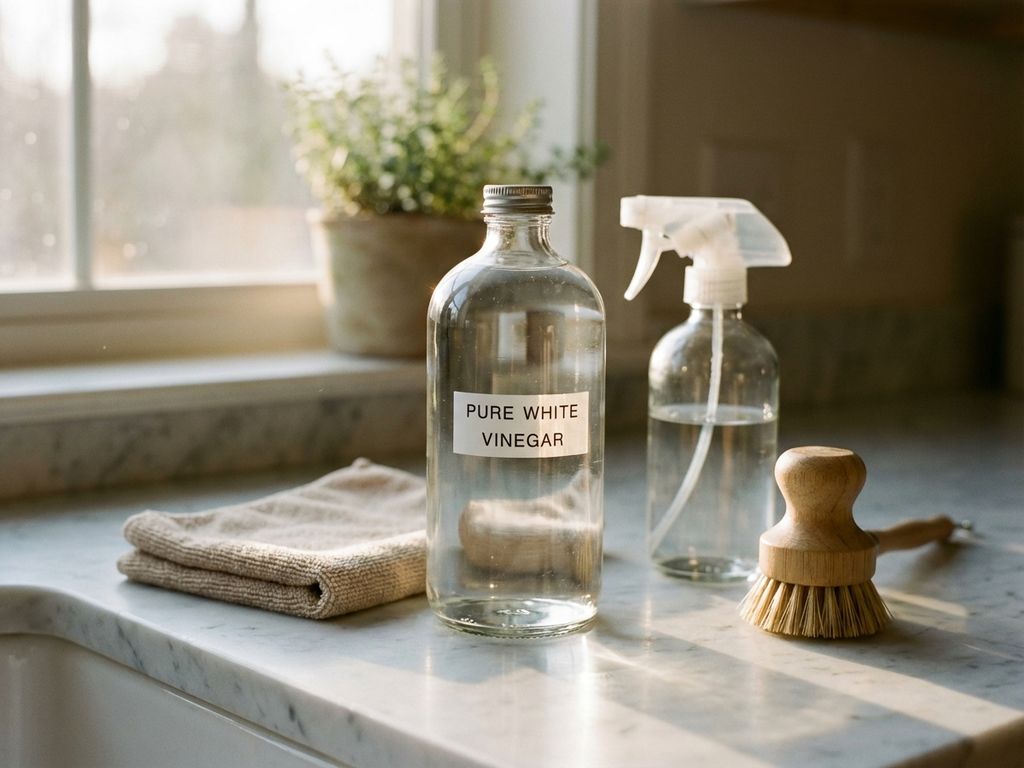 Witte azijnfles op marmeren aanrecht omringd door schoonmaakspullen zoals microvezeldoek en sprayflacon