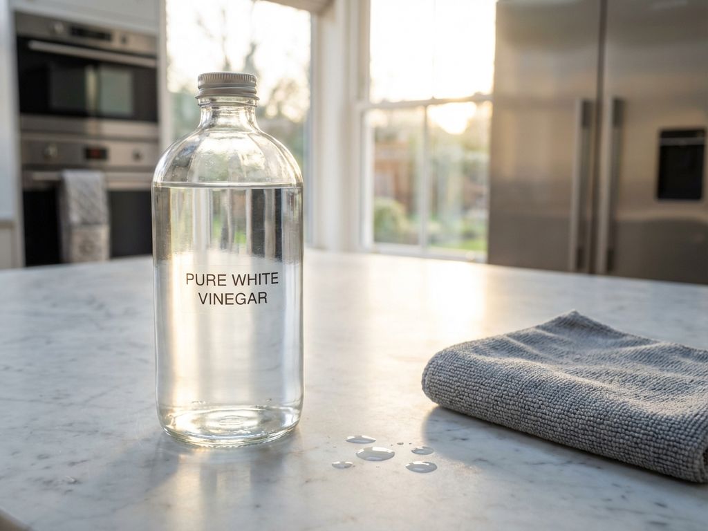Glazen fles witte azijn op marmeren aanrecht met schone keukenapparatuur en zonlicht door ramen