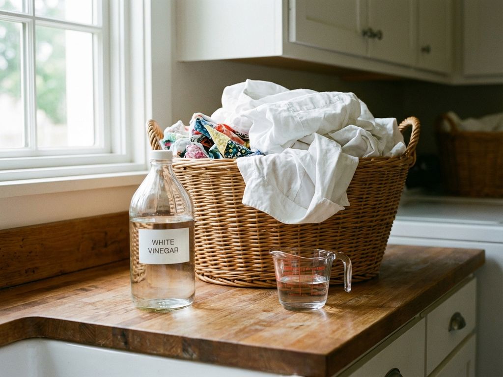 Witte azijnfles naast rieten wasmand met gevlekte witte overhemden en kleurrijke stoffen op houten aanrecht
