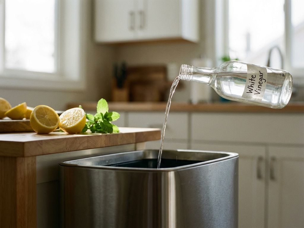 Witte azijn wordt uit glazen fles in metalen prullenbak gegoten, met citroen en munt op aanrecht in moderne keuken.