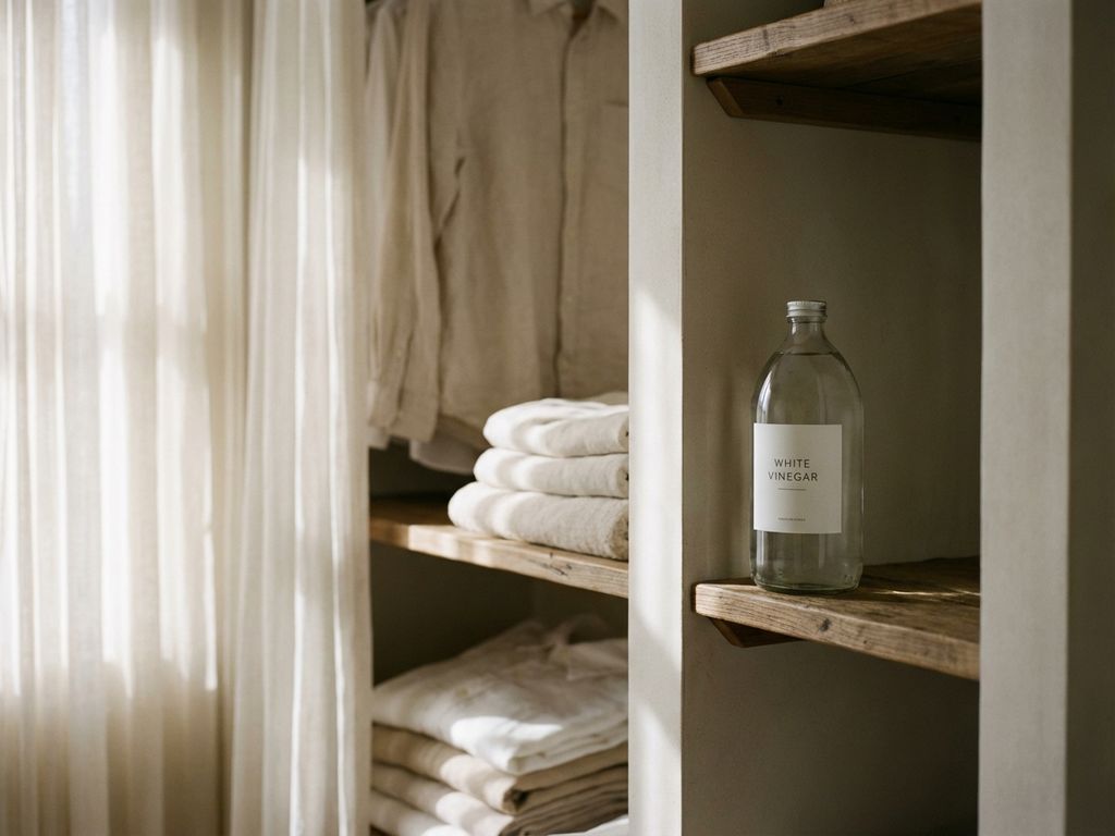 Glazen fles witte azijn op houten plank in open kledingkast, met linnen en handdoeken op de achtergrond, natuurlijk licht