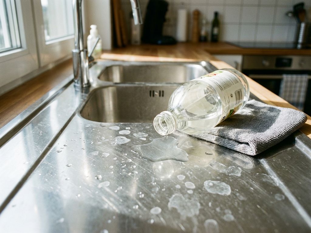 Witte azijnfles naast microvezeldoek op roestvrijstalen gootsteen met kalkafzetting, natuurlijk daglicht