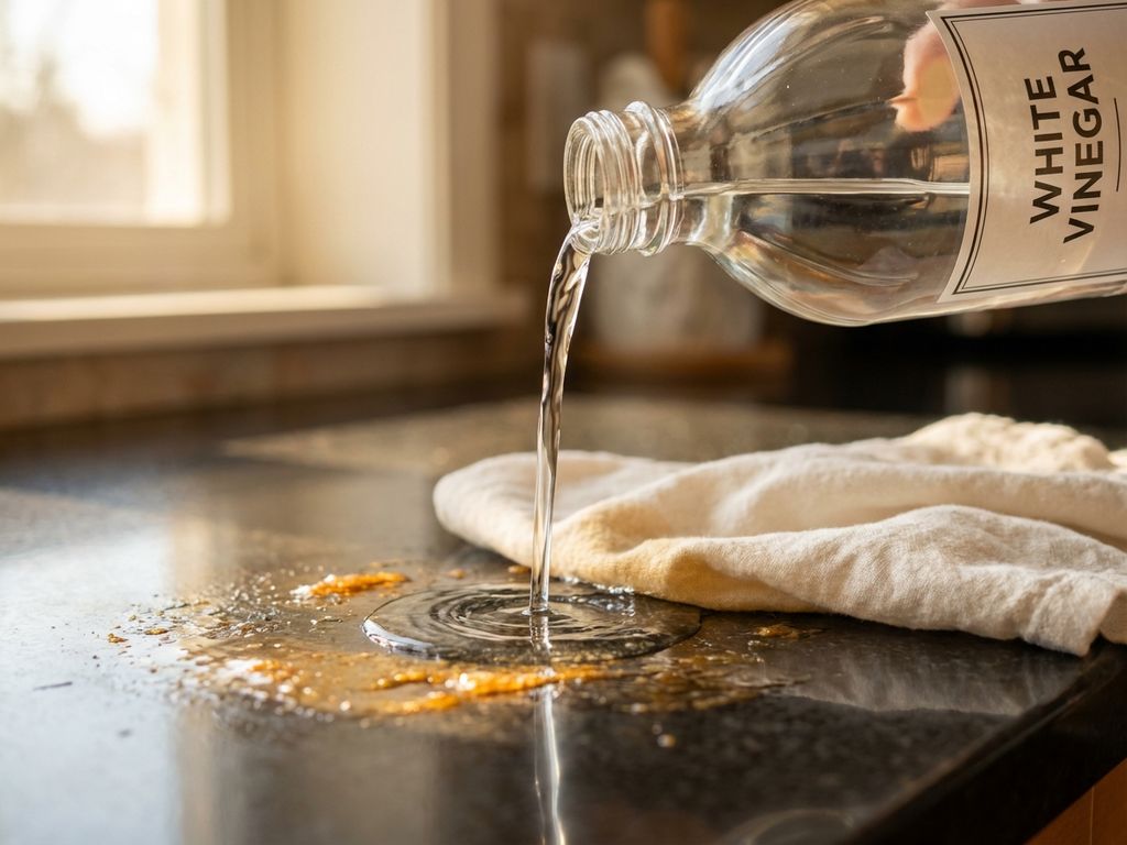 Witte azijn wordt uit glazen fles gegoten op plakkerig oppervlak naast zachte doek, in natuurlijk daglicht op aanrecht