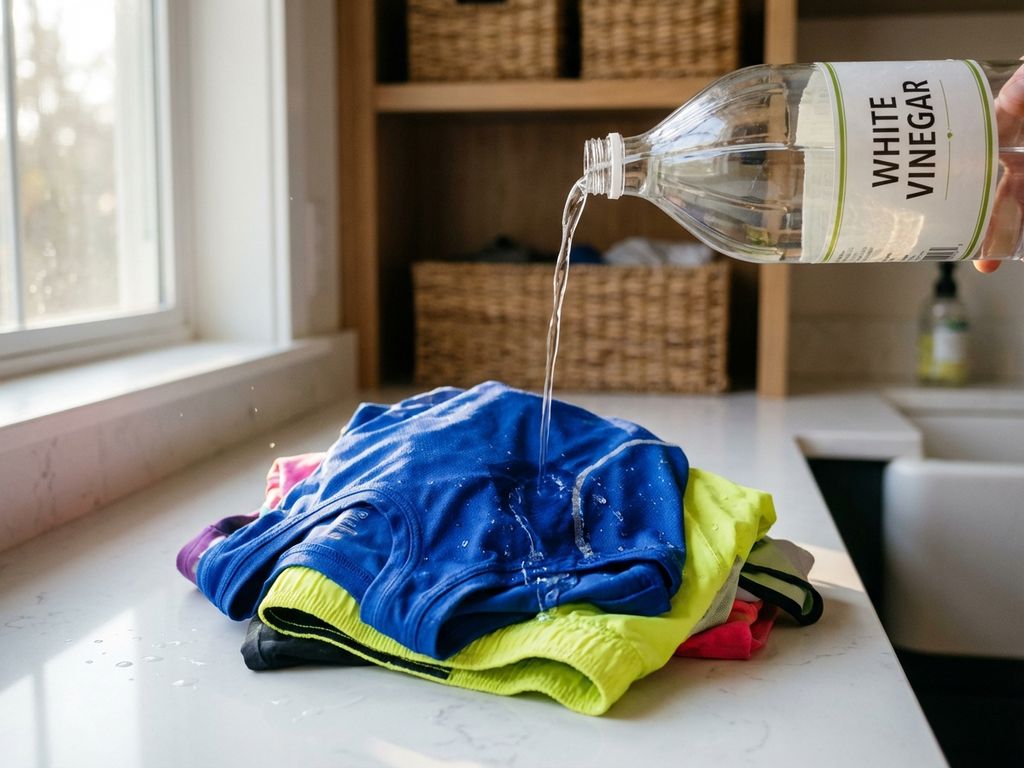 Glazen fles witte azijn giet over sportkleding op wit aanrecht in lichte wasruimte met natuurlijk licht