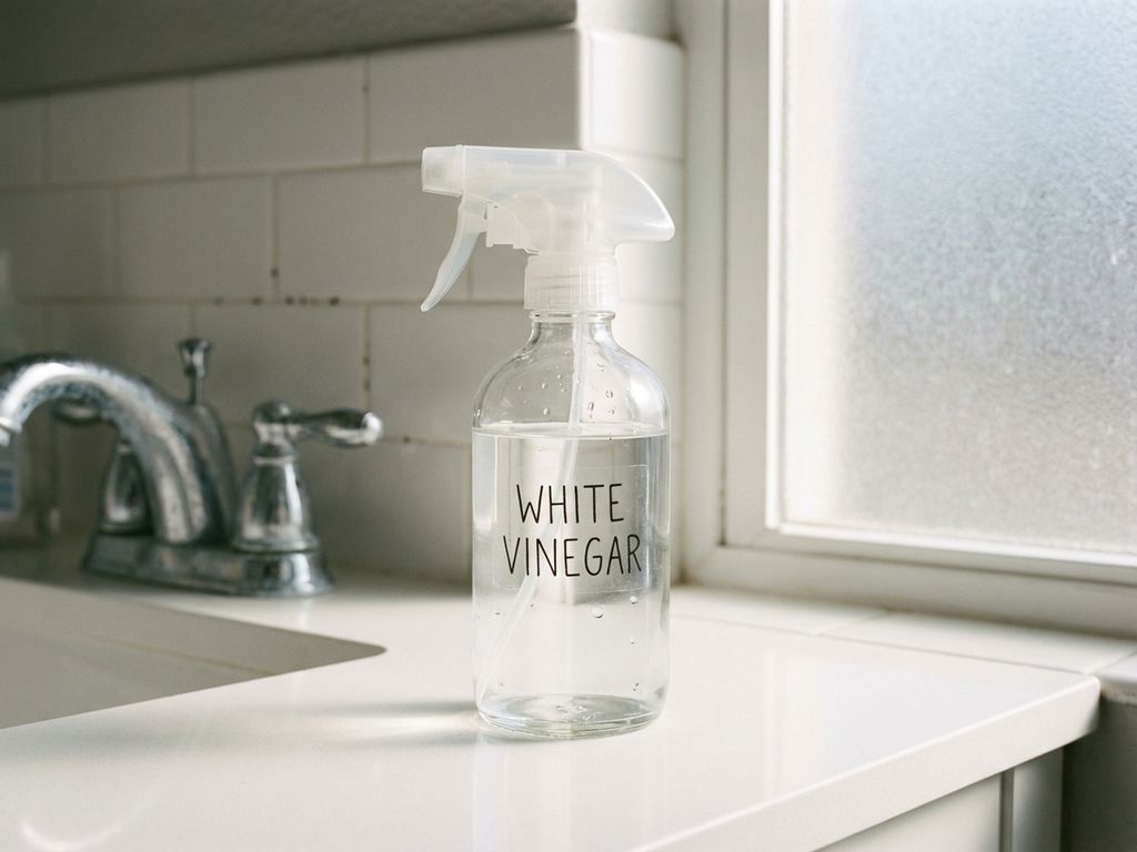 Glazen spuitfles met witte azijn op witte badkamertafel, kalkaanslag op kraan en schimmel op voegen zichtbaar op achtergrond