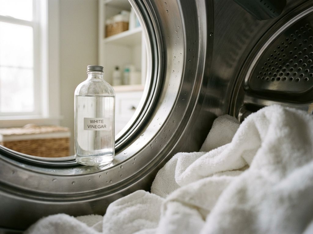 Glazen fles witte azijn op rand van open wasmachine met witte handdoeken, roestvrijstalen trommel in lichte wasruimte