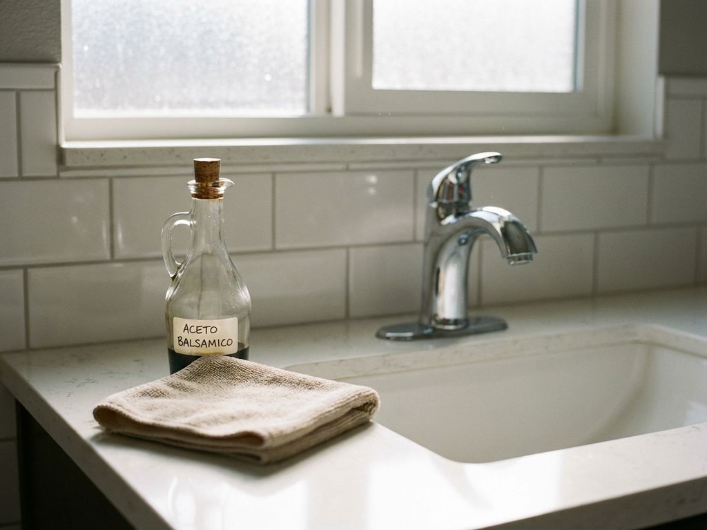 Glazen azijnfles op witte wastafel met microvezeldoek, chromen kraan en tegels in natuurlijk licht