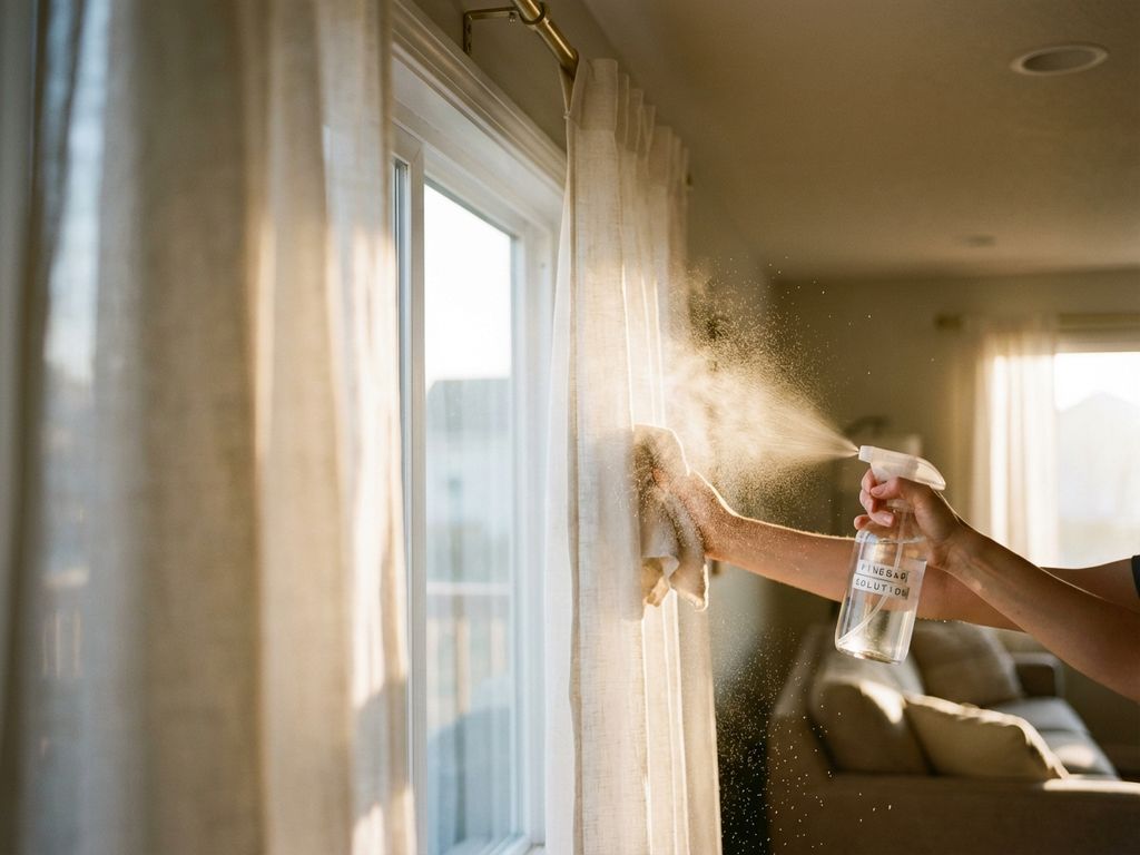 Witte gordijnen worden schoongemaakt met azijnoplossing uit sprayflacon, zonlicht valt door raam naar binnen