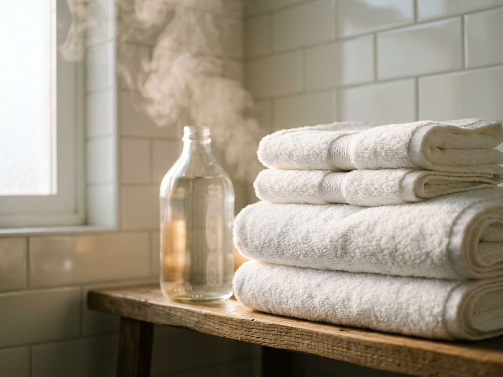 Stapel zachte witte handdoeken op houten badkamerplank met glazen fles azijn in natuurlijk licht