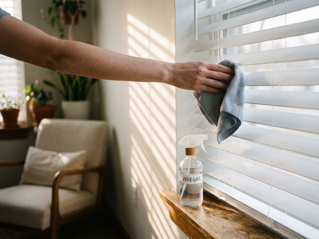 Hand reinigt witte jaloezieën met zachte doek, fles azijn op vensterbank, ochtendzon werpt schaduwen op muur