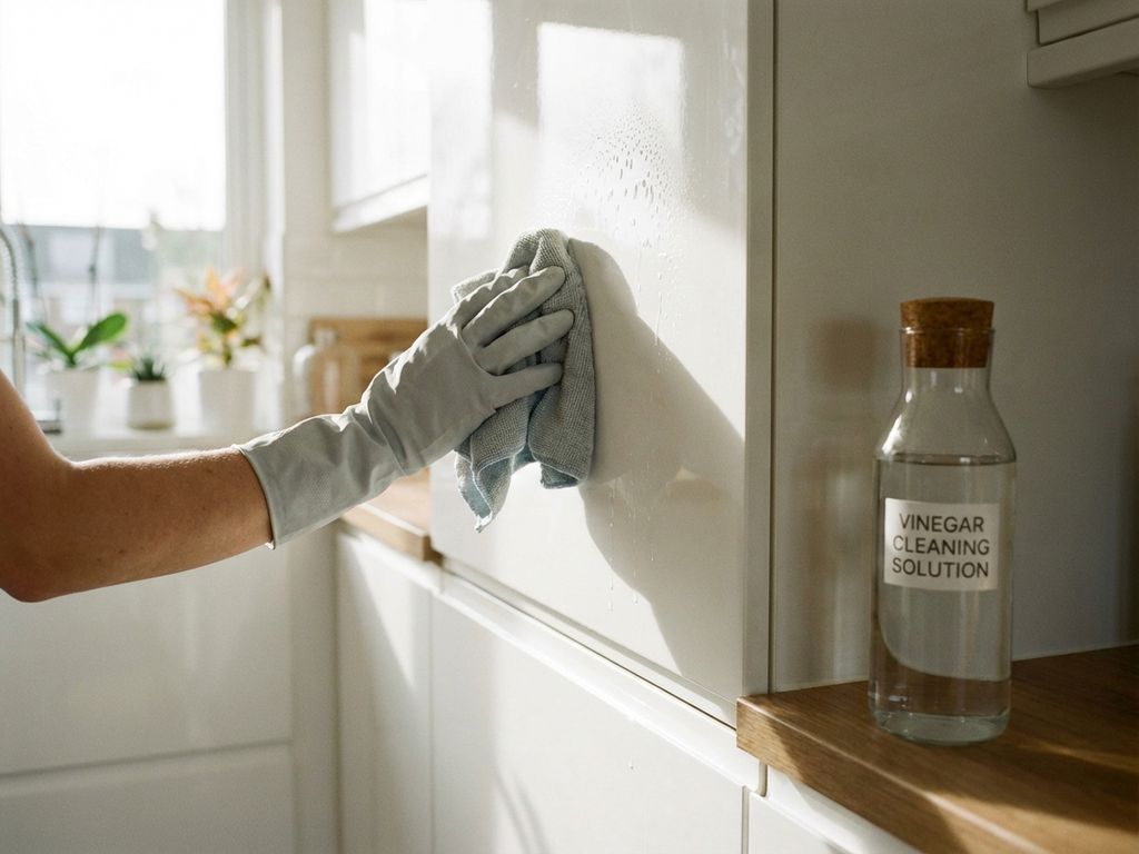 Gehandschoende hand reinigt witte keukenkast met zachte doek, fles azijn op aanrecht, natuurlijk daglicht