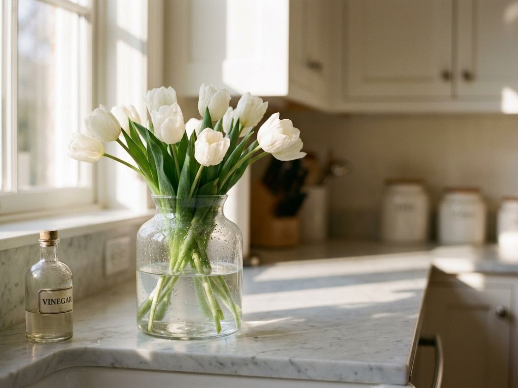 Witte tulpen in een heldere glazen vaas met flesje azijn op een marmeren aanrecht in zacht ochtendlicht