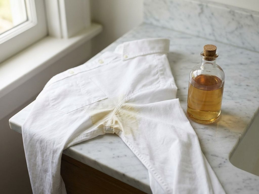 Wit katoenen overhemd met gele zweetvlek onder de oksel op marmeren aanrecht, flesje azijn ernaast in daglicht