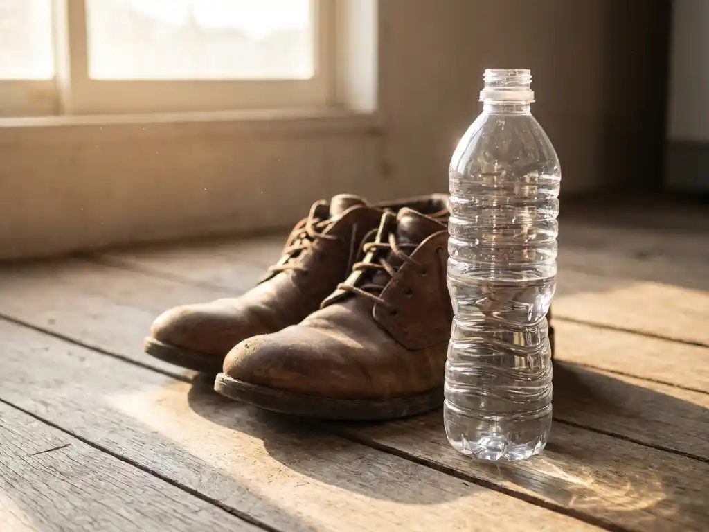 Versleten leren schoenen naast een heldere plastic waterfles op rustieke houten vloer in zacht ochtendlicht