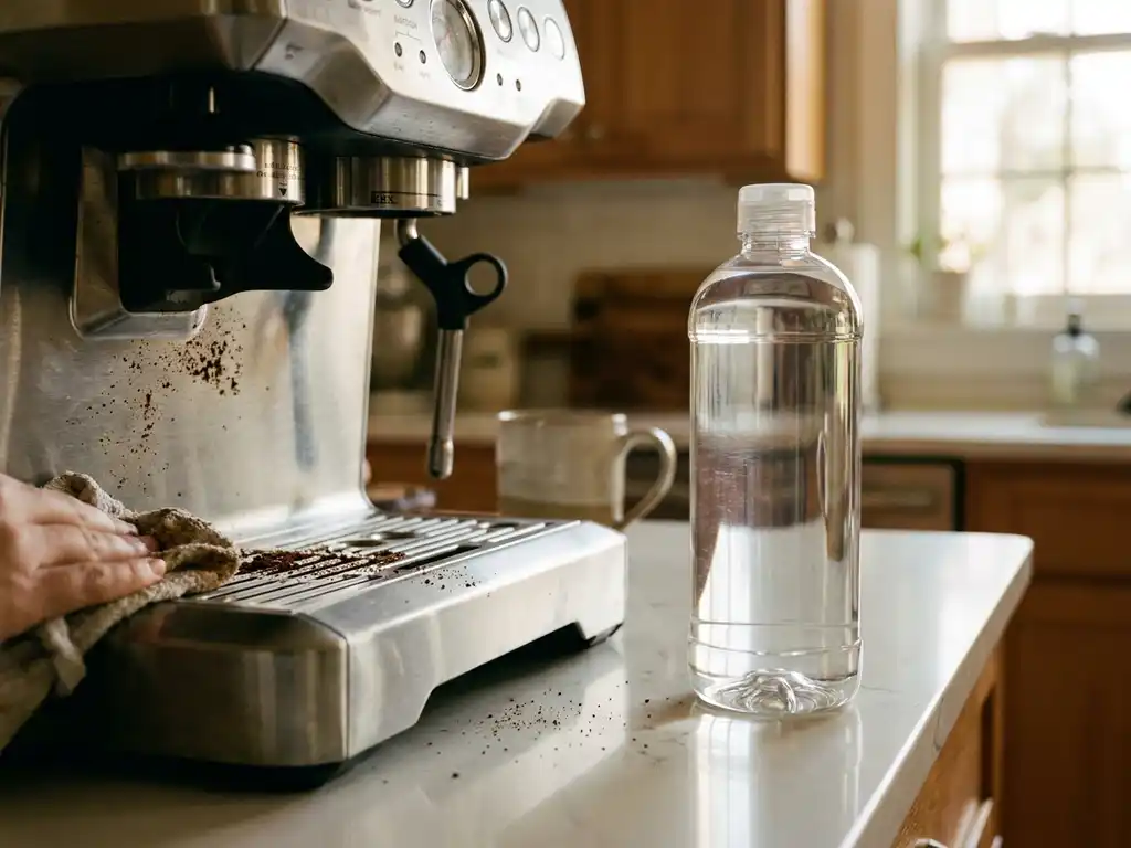 Espressomachine met koffieresten wordt schoongemaakt, transparante PET-fles met schoonmaakazijn op wit aanrecht in warm ochtendlicht.