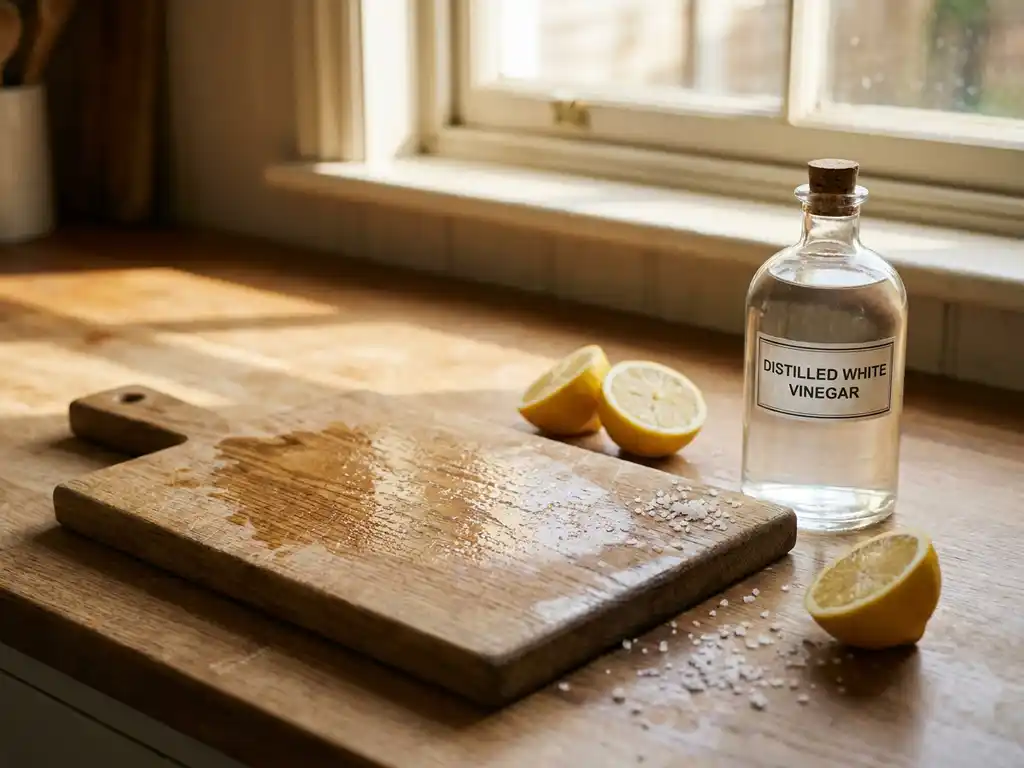 Houten snijplank met glazen fles azijn, citroen en grof zout op eiken werkblad in ochtendlicht