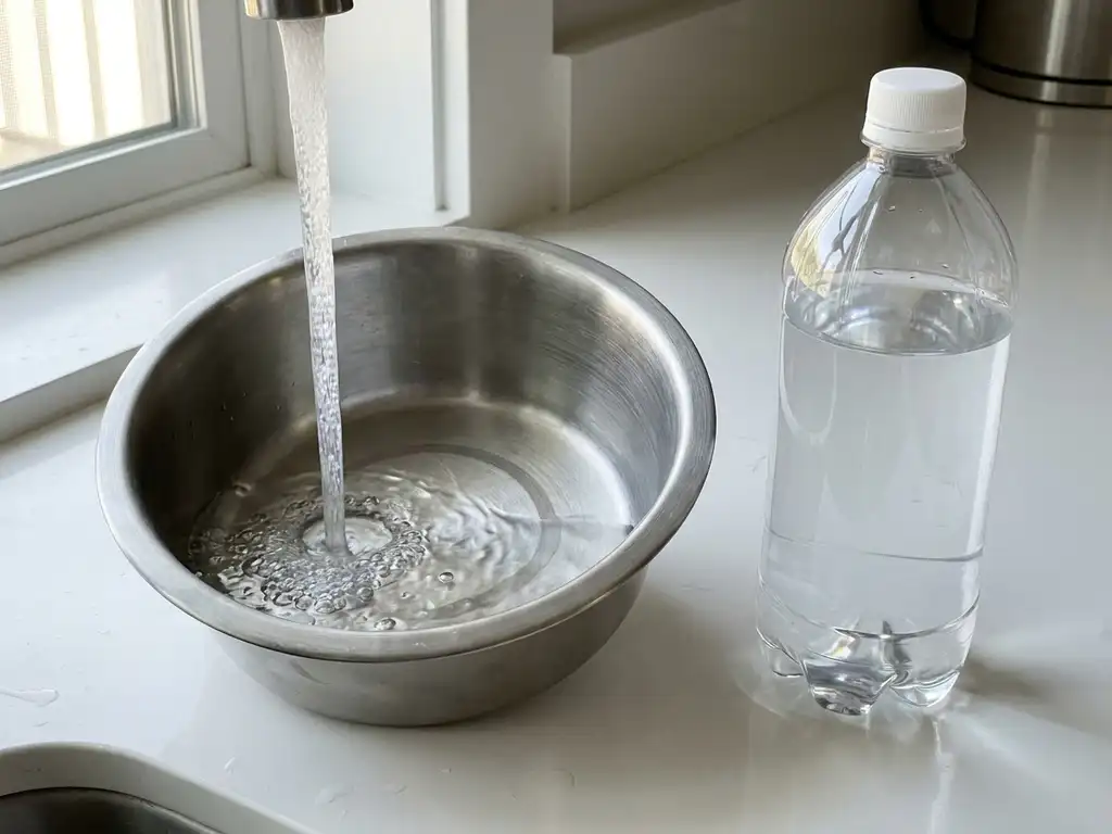 Roestvrijstalen voerbak wordt gespoeld onder stromend water met azijnoplossing, naast transparante fles op wit aanrecht in daglicht.